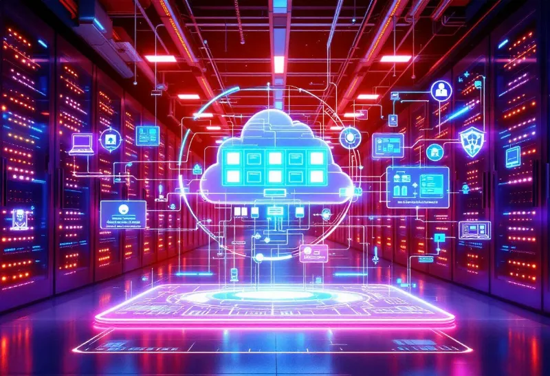 Intégration de l’architecture informatique moderne avec des systèmes existants, illustrant les flux de données et les connecteurs API